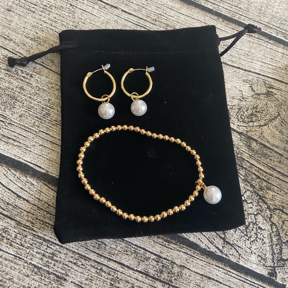 NEW. Set of 14KT gold plated hoop earrings and bracelet with faux pearl charm. - Picture 7 of 7